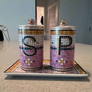 Anthropologie Butterfly Bistro Garden Tile Stoneware Salt & Pepper Shakers